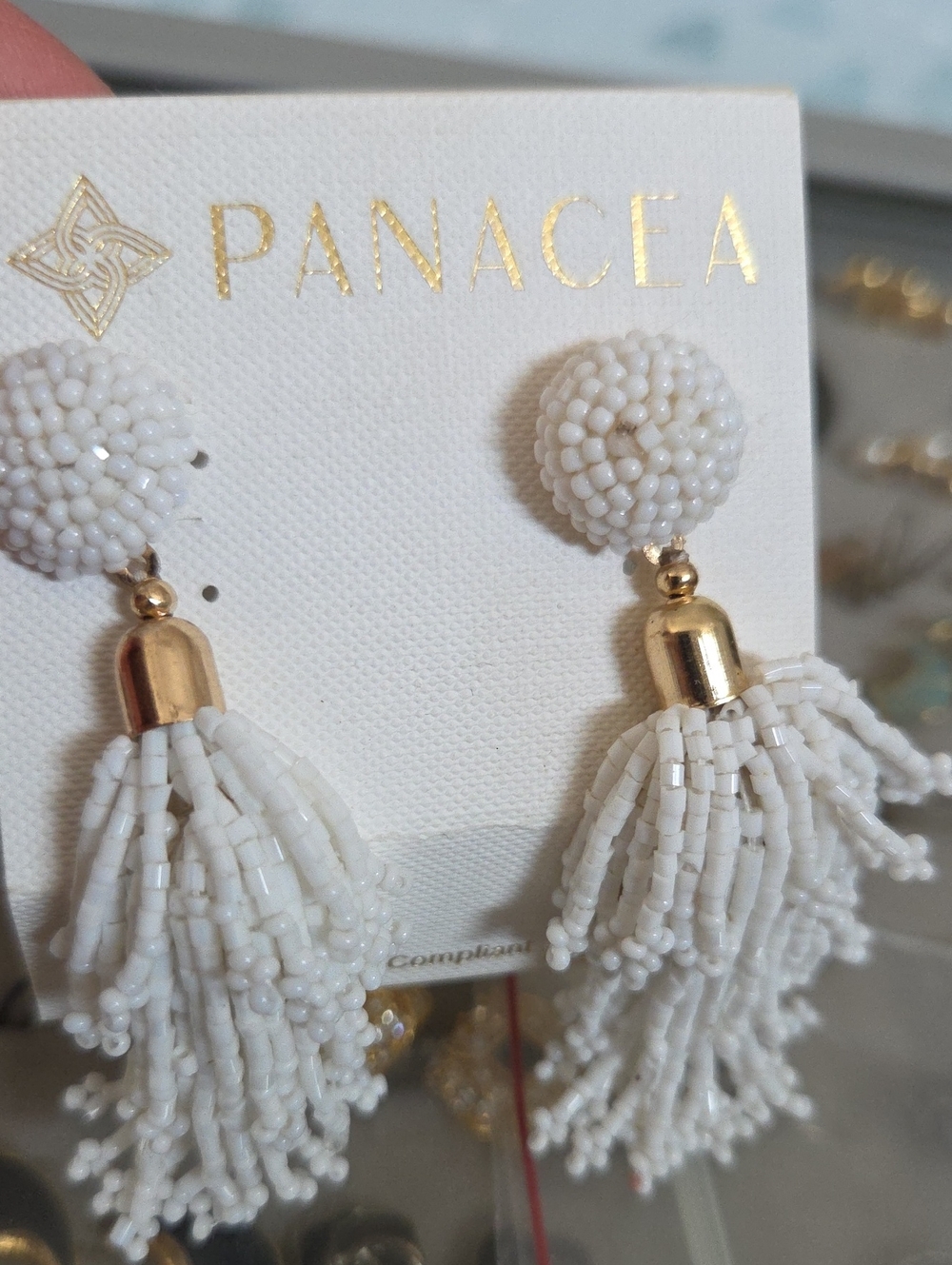 NEW on Card RACHEL ZOE Panacea White Beaded Fringed Gold Tone PIERCED Earrings
